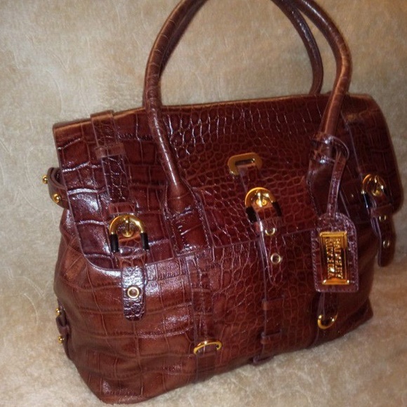 NEW BADGLEY MISCHKA SATCHEL BROWN CROC EMBOSSED LEATHER TOTE SHOULDER HANDBAG - Picture 7 of 12